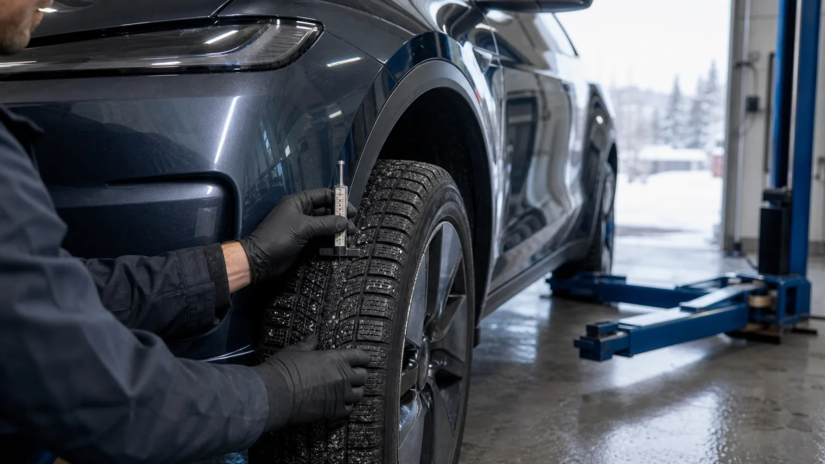 Technician measuring winter tire tread on an electric vehicle in a snowy Alberta service bay