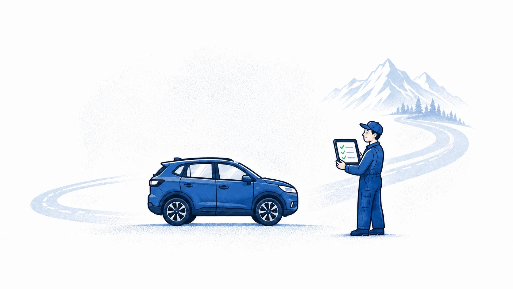 Editorial illustration of a technician reviewing a vehicle checklist beside an Alberta mountain road