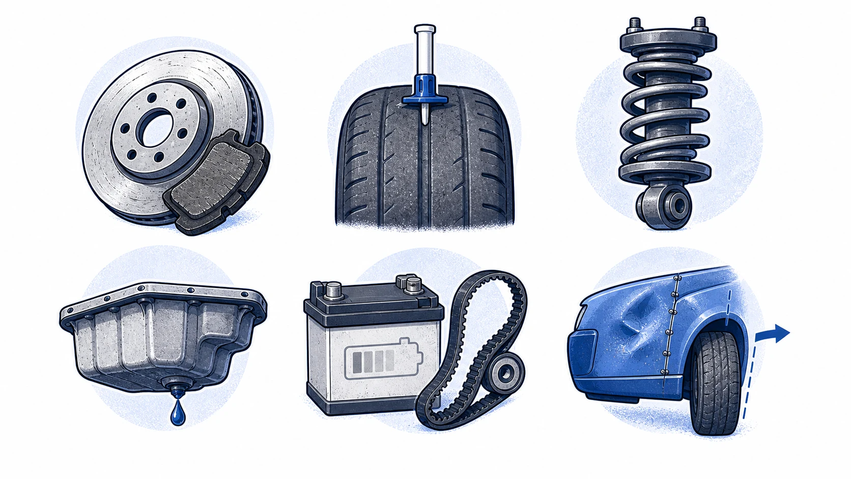 Editorial illustration of an inspection case holding a brake rotor, tire tread, suspension spring, battery, and damaged body panel