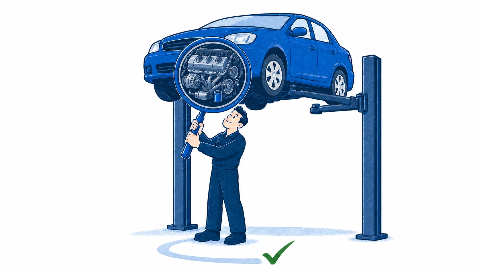 Editorial illustration of a mechanic using a magnifying glass to inspect a used car's brake, suspension, tire, and fluid condition