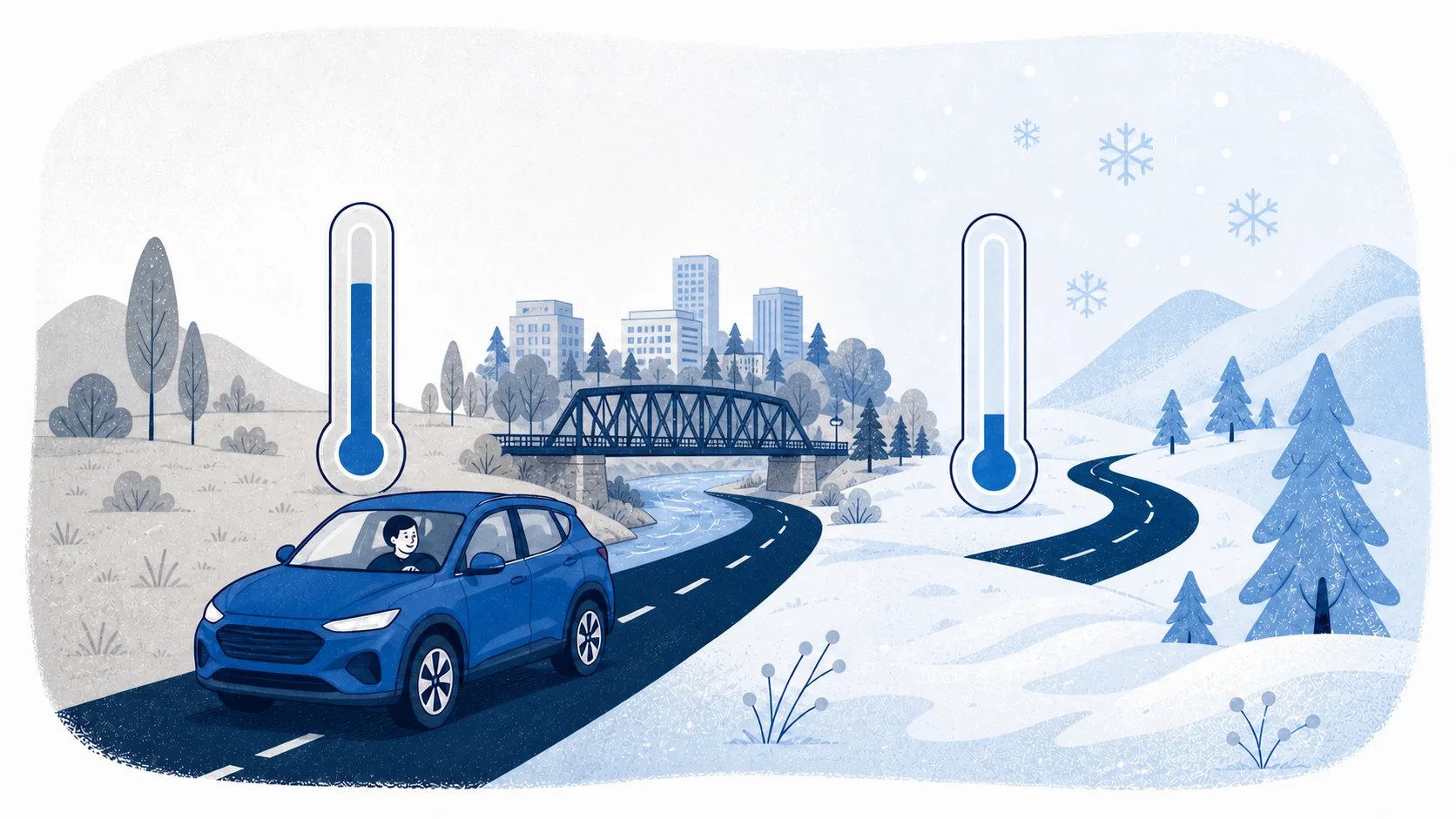Editorial illustration of a blue car crossing a temperature threshold into a winter landscape on a winter tire