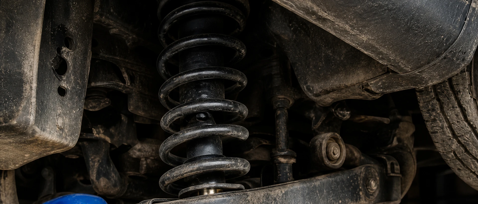 Technician inspecting the front suspension of a vehicle on a lift after a collision