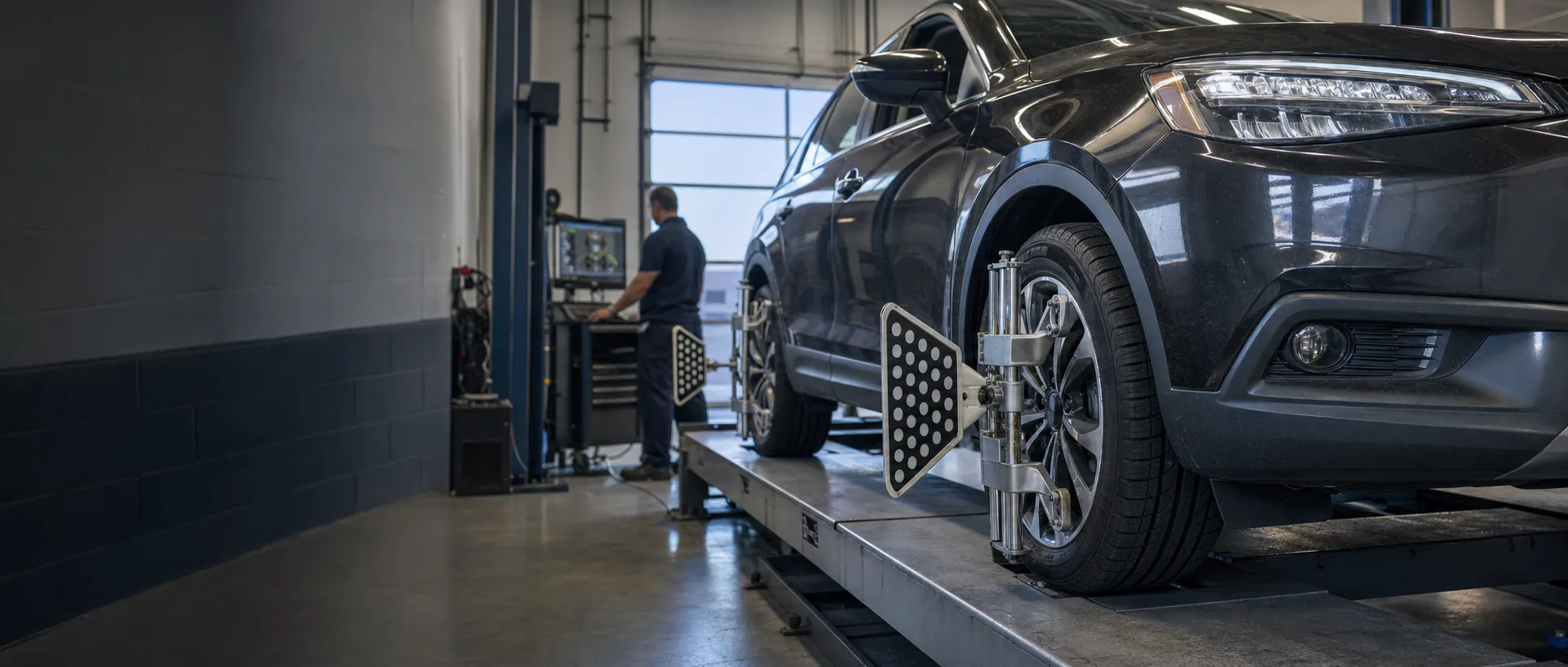 Technician performing a wheel alignment check on a vehicle