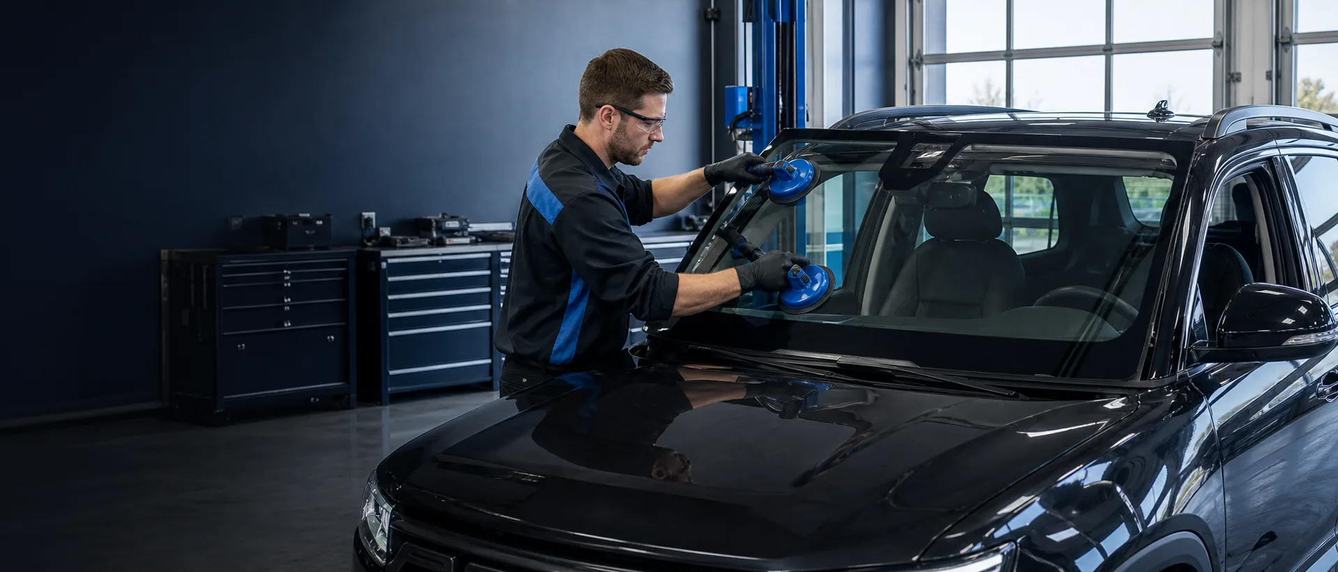 Close-up of a vehicle windshield being inspected for hail damage